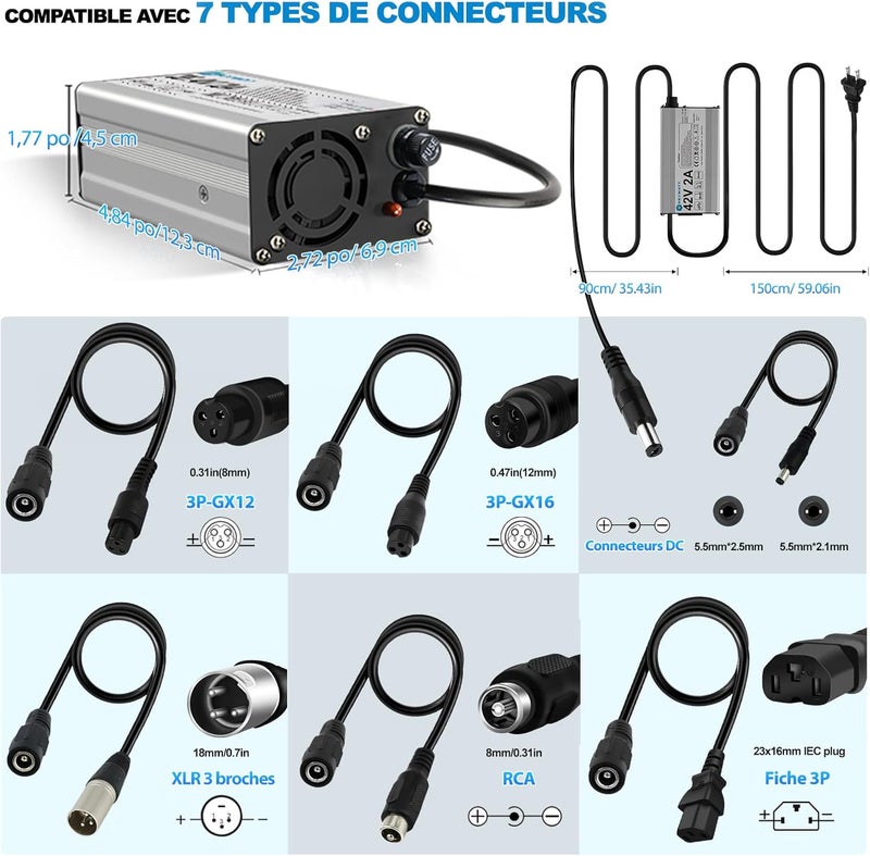 HEXWATT 42V 2A Charger for 36V Lithium-ion Battery Electric Scooter ebike Electric Bike Hoverboard Universal Replacement Charger with 6 Connectors - Image 3